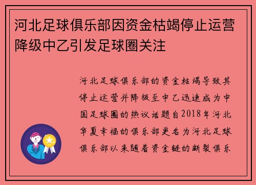 河北足球俱乐部因资金枯竭停止运营降级中乙引发足球圈关注 河北足球俱乐部因资金枯竭停止运营降级中乙引发足球圈关注